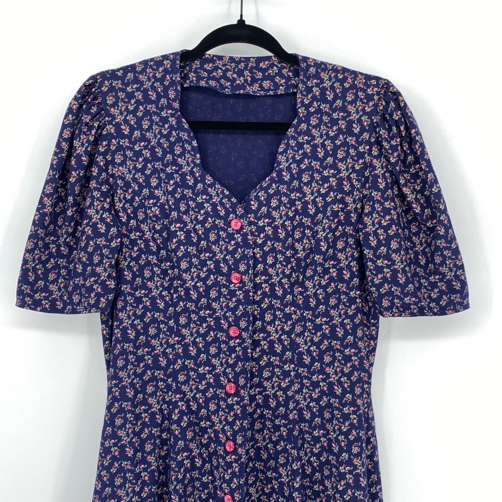 Vintage Navy Blue Pink Floral Midi Dress S Cottage Prairie Button Puff Sleeve - Picture 14 of 15